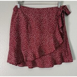 Naggoo Red Ditsy Floral  Wrap Skirt M Ruffle Hem Tie Waist Romantic Cottagecore